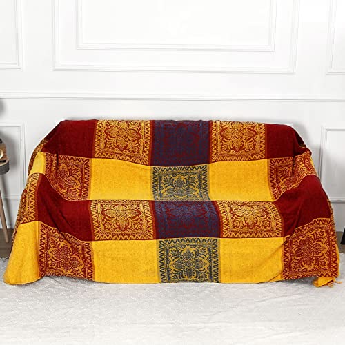 DECMAY Jeté de canapé en chenille jacquard bohème avec pompons, jeté de canapé pour canapé 2, 3 ou 4 places, grande couverture tartan et jeté pour meubles, jeté de lit, couvre-lits, fauteuils Cover