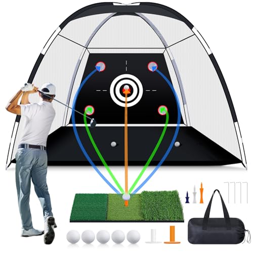 MoKo Golf Net with Practice Mat 10 x 7 ft Golf Hitting Net for Outdoor Indoor Backyard Driving Chipping Swing Training All-in-One Multi-Target Practice Nets Gifts for Men Dad Him and Golfer Black