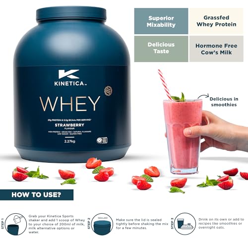 Kinetica Sports Whey Protein Powder - Strawberry Flavour |23g Protein/Serve, 76 Servings/2.27Kg Pack |Gluten Free Supplement |Optimum for Muscle Growth & Recovery |Mixes Well with Water, Milk & Shakes - Image 3
