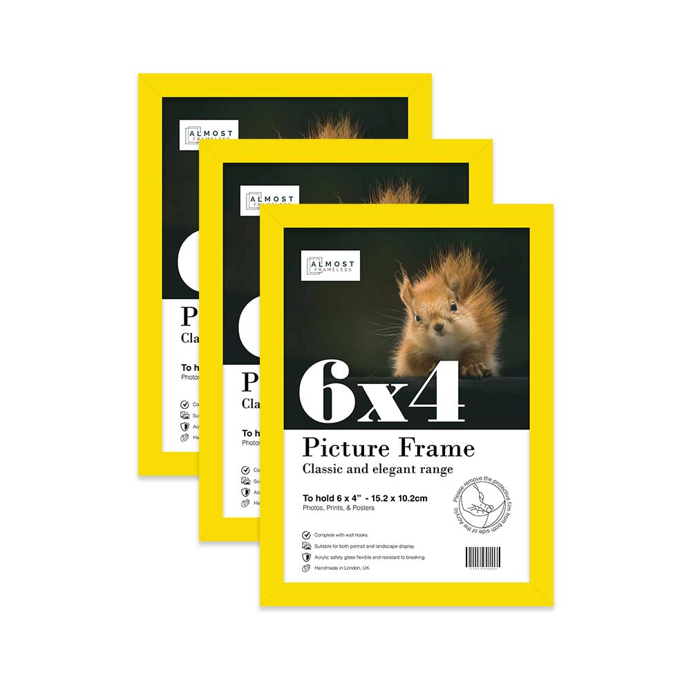 Almost Frameless 6x4 Yellow Picture Frame Set of 3, Display 6x4 Picture Gallery Wall, Poster, Photo, Artwork, or Print, Yellow