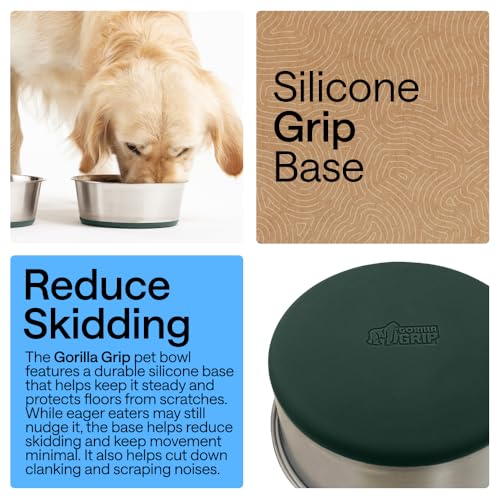 Image of GORILLA GRIP Dog Bowls, Food Grade 304 Stainless Steel, Holds 2 Cups Each (16 fl oz) Food and Water Bowl for Feeding Dogs and Cats, Dishwasher Safe, Rust Resistant, BPA Free Rubber Base Set of 2 Green