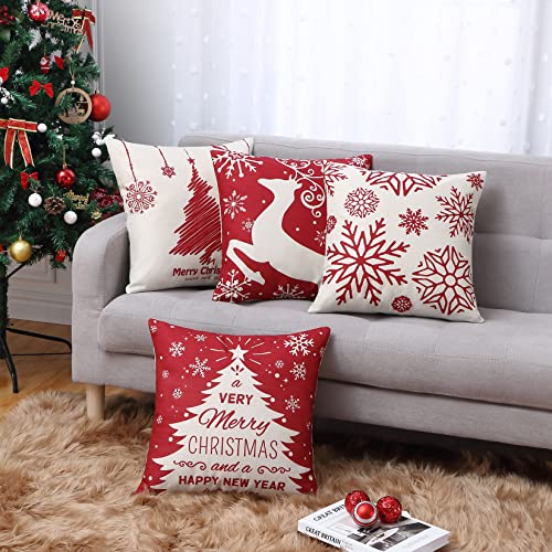 Caromio Christmas Throw Pillow Covers For Christmas Decorations,18X18 Inches Set Of 4 Red Snowflakes, Reindeer And Christmas Trees Decorations Cushion Pillow Covers For Couch Sofa #TOP2