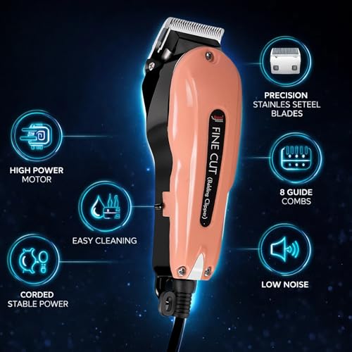 Image of Asbah Professional Fine Cut Clipper | Corded Trimmer With 8 Guide Comb| One Year Warranty, Lifetime Repair & Services, Multicolour