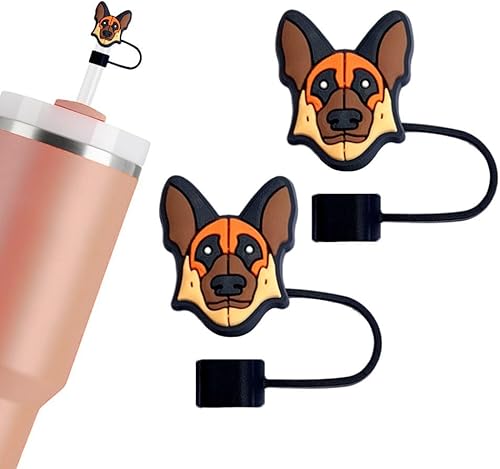 Miniatura 2 de Funda para popote para perro, accesorios lindos, juego de 2 fundas de popote de pastor alemán para vasos de 0.394 in, tapas de popote duraderas y