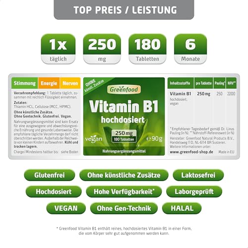 Vitamin B1, hochdosiert, 250mg - 180 Tabletten, vegan. Vitamin B 1 (Thiamin) - wichtig für für Nervensystem & Energiehaushalt. OHNE künstliche Zusätze - laborgeprüft. Von Greenfood.