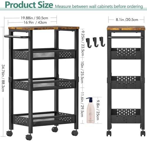 Image of Vivihomety Utility Slim Storage Cart with Wheels, 4-Tier Narrow Rolling Organizer Shelf with Wood Top, Metal Storage Rack and Space-Saving Organizer for Bathroom, Kitchen, Laundry Room, Small Spaces