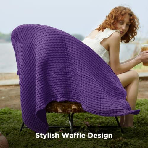 Image of Bedsure Cooling Cotton Waffle Weave Throw Blanket - Lightweight Breathable Blanket of Rayon Derived from Bamboo for Hot Sleepers, Luxury Throws for Bed, Couch and Sofa, Purple, 50x70 Inches