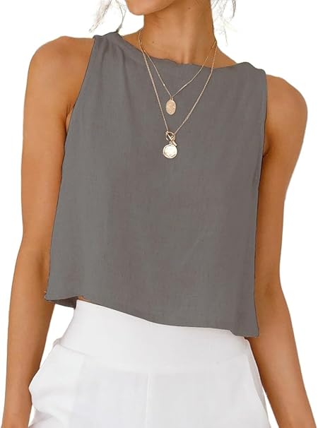 IDEALSANXUN Womens Linen Crop Tank Tops Cute Summer Sleeveless Cropped Cotton Linen Tops