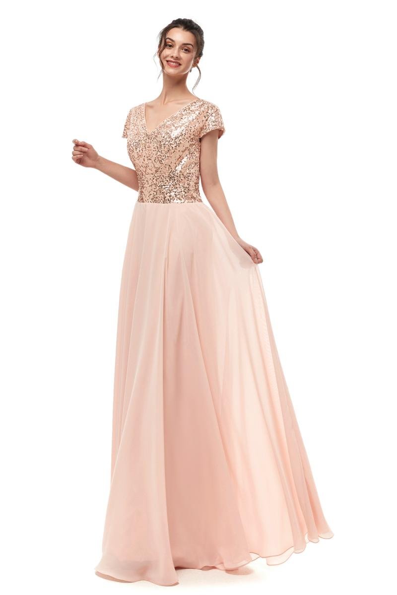 green emerald velvet dress Empire-Waist Long Beaded Prom Dress with Long Sleeves Rose Gold / 8 main image 1
