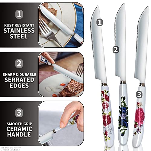 6Pcs Floral Dinner Knives Ceramic Set - Stainless Steel Dinner Set Butter Knives Cutlery Set - Large Ceramic Knife Set Stainless Steel Floral Ceramic Handle - Table Knives Set Small Chefs Knife #TOP2