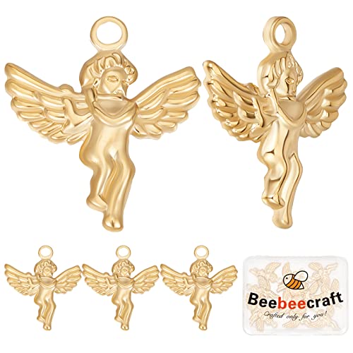 Beebeecraft 1 Box 14Pcs Angel Charms 18K Gold Plated Stainless Steel Angel Wings Fairy Pendants Charm For Women Necklace Bracelet Earring Craft Jewellery Making #TOP27
