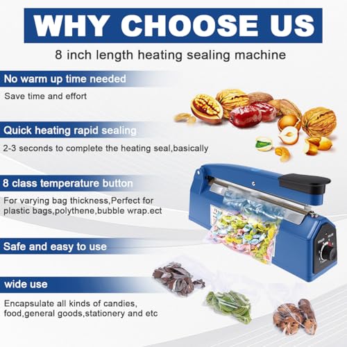 Image of 8 Inch Impulse Sealer, Manual Heat Sealer Machine for Mylar Bags, Shrink Wrap Bag Sealers Sealing Machine for Plastic PE PP Bags with 3 Free Replacements Kit Element Grip, Blue