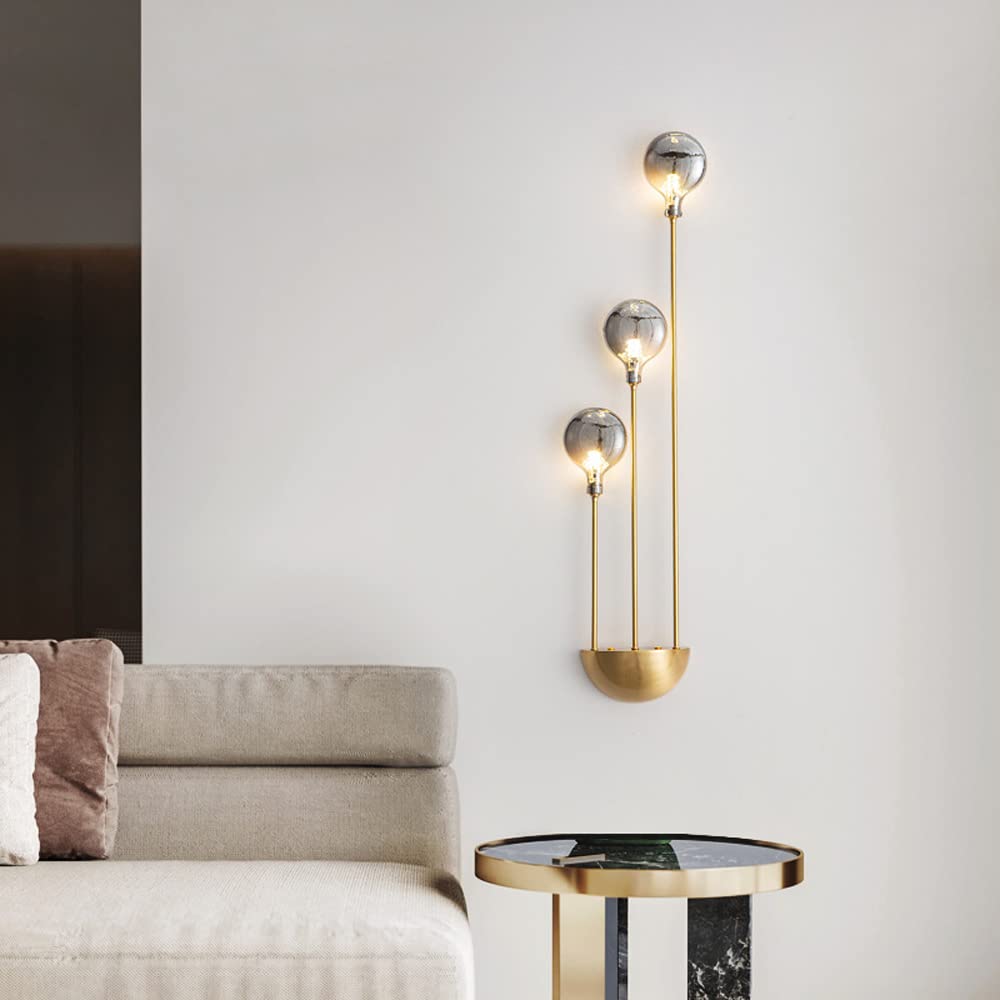 SXECAEPS 3-light Glass Wall Sconce Geometric Copper Mount Light Modern Headboard Lamp, Art Deco Lighting Fixture Bedroom Bedside Sconces, G4 Lamps for Living Room
