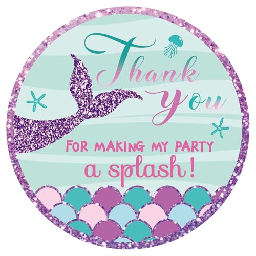 Mermaid Thank You Stickers - 2 Inch Mermaid Birthday Stickers 60Pcs Round Thank You for Making My Party A Splash Sticker for Envelope Seal Birthday, Baby Shower Party Favors