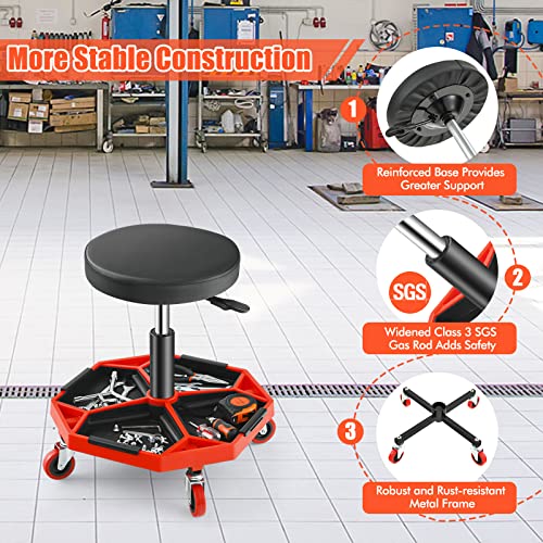 Nightcore Heavy Duty Adjustable Rolling Creeper Stool, Pneumatic Rolling Mechanic Stool W/Tool Storage Tray, Padded Seat Cushion, Swivel Creeper Garage/Shop Seat, 330 Lbs Weight Capacity, Black & Red #TOP1