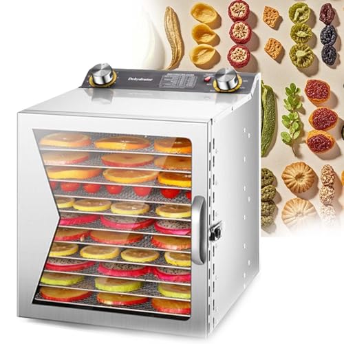 Edelstahl Dörrgerät 800W Lebensmittel, Dörrautomat mit Timer 1–12 Std., Temperatur 30–90°C, große Kapazität, 6–18 Ebenen, für Fleisch, Obst, Gemüse, Kräuter, Hundesnacks(12Layers)
