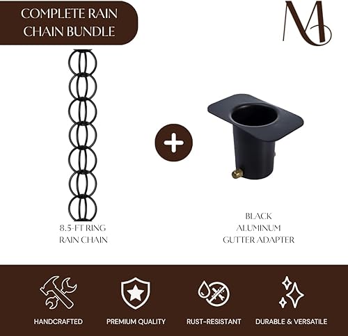 Miniatura 2 de Monarch Rain Chains Cadena de lluvia de anillo con adaptador de canalón, repuesto de aluminio negro de 8.5 pies y adaptador de canalón de cadena de