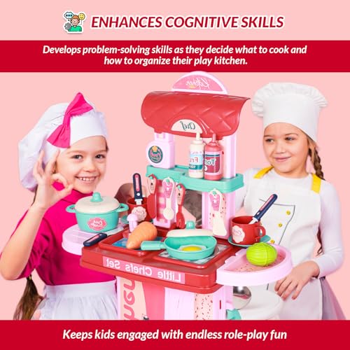 Image of PUREjoy 3in1 Plastic Pretend Play Portable 28 pcs Kitchen Set for Girls and Boys