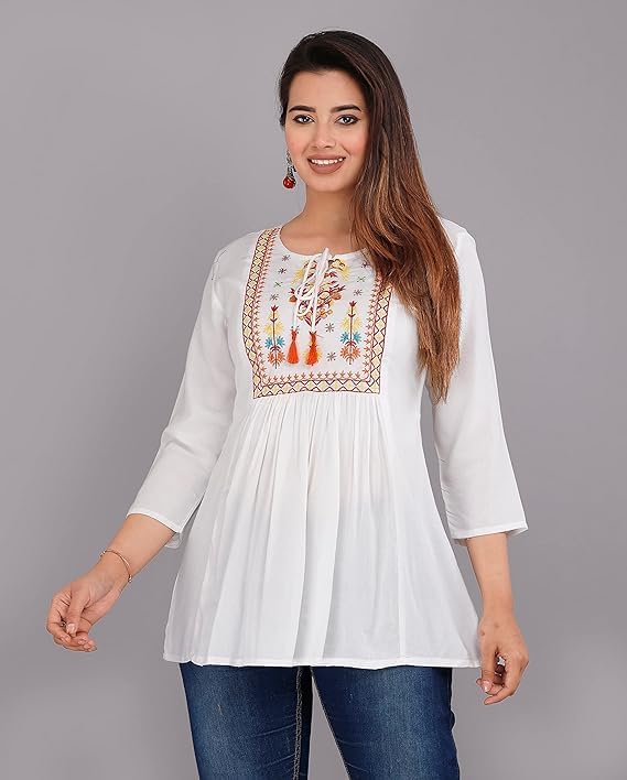 Image of Avayayat Women's Rayon Classic Heavy Embroidery Top with Beautifull Tassels at Front and on Both Sleeves Regular Fit Office Wear Festival Tunic Jeans Summer