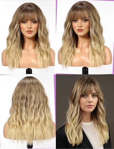 WOKESTAR Long Wig with Fringe Synthetic Wavy Wigs for Women Ombre Brown to Blonde Color, 22 tum - Image 2