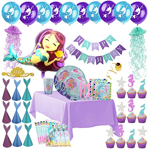 Mermaid Birthday Decorations - Tableware and Mermaid Birthday Party Supplies Deluxe Set, with Plates, Table Cloth, Mermaid Balloons, Birthday Banner, Cupcake Topper, Favor Bags & Hats - Serves 10