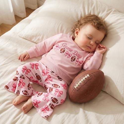 Image of Toddler Baby Girls Football Outfit Crew Neck Long Sleeve Rugby Bow Print Sweatshirt Elastic Waist Pants 2Pcs