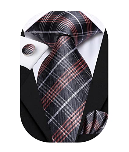 Hi-Tie Grey and White Plaid Men Neckties Silk Ties and Pocket Square Cufflinks Set for Formal Wedding