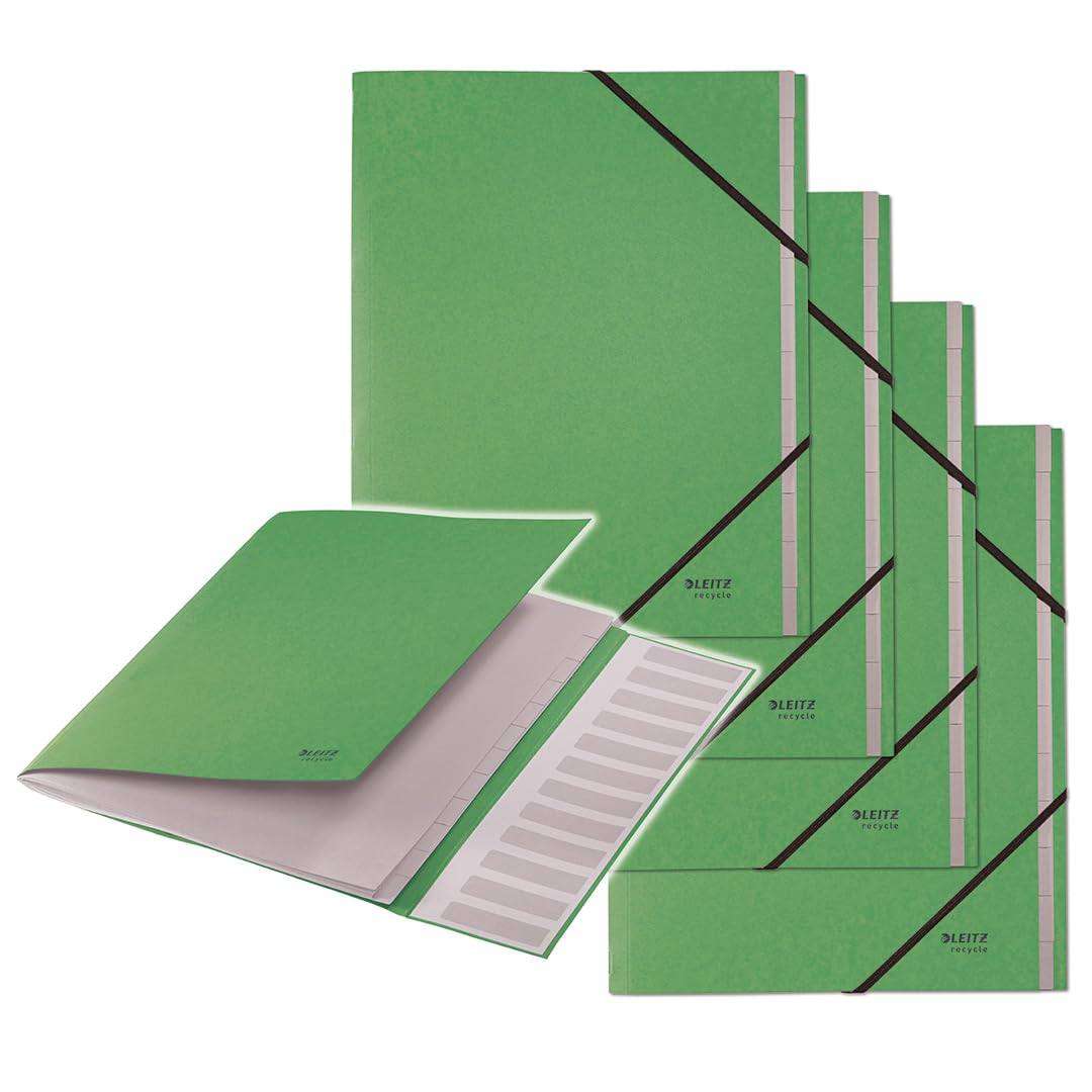 Leitz Recycle A4 Folder Pack of 4, Project Folder with 12 Compartments with Index, 100% Recycled & Recyclable, Environmentally Friendly, Recycle Series, Green, 39150055