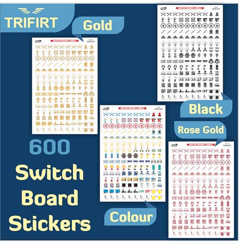Image of TRIFIRT 600 Switch Board Button Self Adhesive Stickers for Plastic Surface for Home,40+ Icons for Fan Light Fridge AC,4 in 1 Gold,Rose Gold,B /W & Colourful Labels for Switchboard,1.5 cm