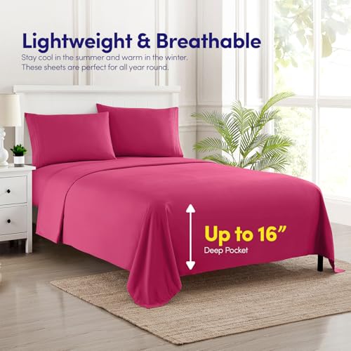 California King Size Sheet Set with Built-in Sheet Straps - Deep Pocket Fitted Sheet, Flat Sheet & Pillowcases - Soft, Wrinkle-Free, Secure Fit - Fuschia