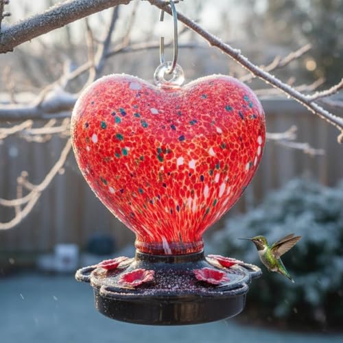 Hand Blown Glass Hummingbird Feeder for Outdoors All Season Use - 28 Fl. Oz. Leak Proof Hummingbird Feeder with Rust Proof Base - Includes Ant Moat, Ant & Bee Proof (Red)