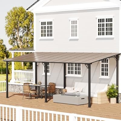 EBE 20' x 12' Gazebo, Large Wall Mounted Gazebo Pergola on Clearance, Lean to Gazebo with Sloped Roof, Heavy Duty Metal Awning Gazebo, for Patio, Porch, Backyard