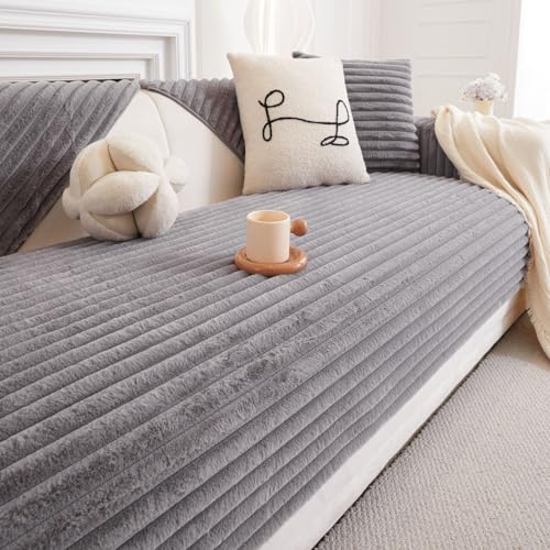 Image of HOMETHREADS 600GSM Thick & Soft Rabbit Fur Plush Sofa Cover-Luxurious Cozy Slipcover, Washable & Pet-Friendly, Anti-Scratch Protector for Sofas (Faux Linning Grey, 1Pc Backrest | 70x70cm)