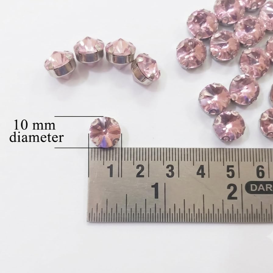 10 mm | 40 pcs Pink Round Rhinestone Sew-On Crystals with Silver
