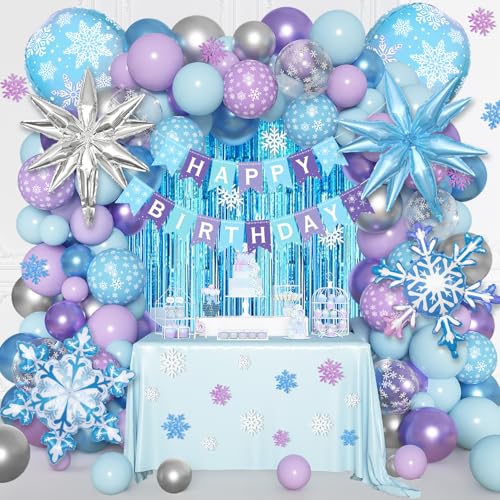 Ouddy Life 190Pcs Frozen Balloon Garland Arch Kit, Frozen Birthday Party Decorations Fringe Curtain Blue Purple Confetti Snowflake Balloons Birthday Banner, Princess Winter Wonderland Girl Decorations