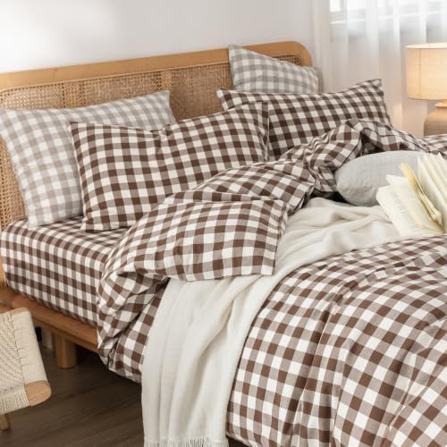 Image of BESTOUCH Gingham Cotton Duvet Cover Set Cocoa Brown Twin | Washed Cotton, Linen Feel, Soft Wrinkle Texture, Hidden Zipper, 8 Ties, Breathable Lightweight Durable Comfy, 2 Pcs No Insert