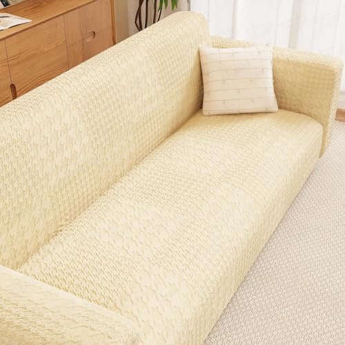 Lukzer 2 Seater Sofa Cover - Pastel Yellow Square Knit Pattern | 240 GSM Universal Textured Jacquard Fabric Elastic Couch Protector | Washable Sofa Cover for Living Room | (SC-177-02/140-180cm)