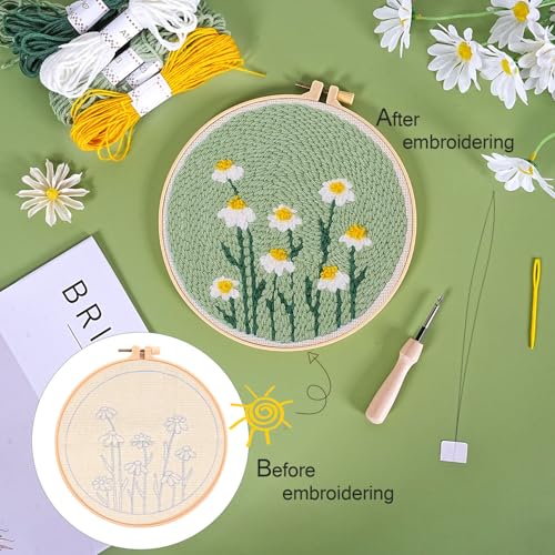 Image of KESTAR Punch Needle Embroidery Starter Kits, Daisy Flower Punch Needle Kits for Adults Beginner, Needle Punch Kit Tool with Instruction Threader Fabric Yarns and Hoop
