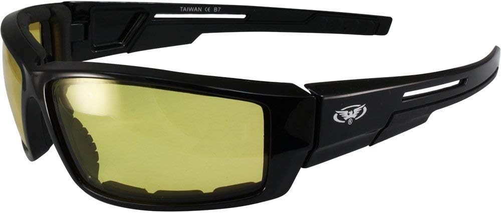 Global Vision 2 Pair of Sly Padded Motorcycle Sunglasses Gloss Black Frames with Smoke and Yellow Lenses - Image 7