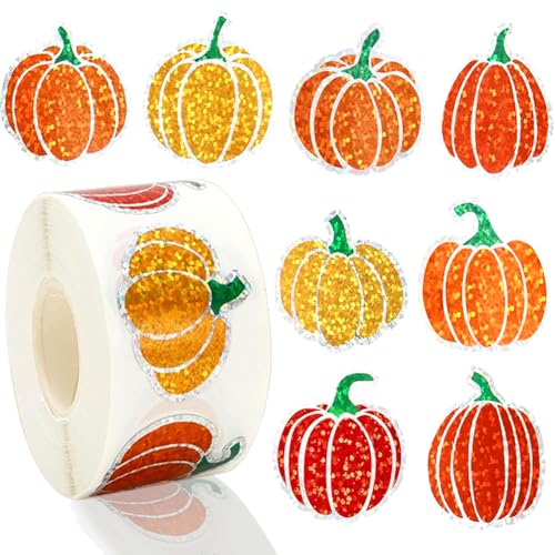 500Pcs Fall Thanksgiving Pumpkin Stickers Roll 1.2in Glitter Pumpkin Paper Decal 8 Orange Sparkly Sparkly Autumn Self-Adhesive Decorative Stickers for Envelope Journal Decorations