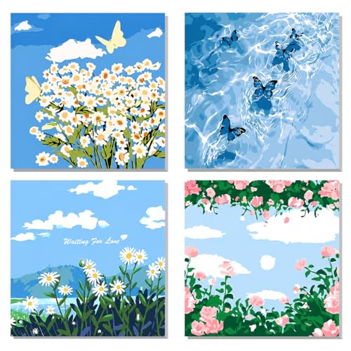 Image of HASTHIP 4PCS DIY Acrylic Paint by Numbers Kit with Frame, Floral & Landscape Canvas Art Set, Acrylic Paints & Brushes Included, Wall Decor Craft Kit for Adults & Beginners, 20x20cm