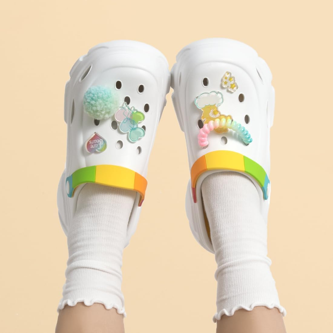 MINISO Care Bear Cute Clogs, Garden Shoes Thick Sole Cushioned, Quick Drying Sport Sandals with Removable Charms, Lightweight, Non-Slip | Mules for Beach, Pool & Garden Play | for Girls（Size of 7-8）