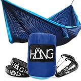 HÄNG XXL Hängematte 300 x 170 cm Outdoor für 2 Personen - Wetterfest & Ultraleicht (850 g), 200 kg Belastbarkeit - aus Fallschirmseide für Camping, Reise & Garten inkl. Befestigungsset - Navy/Blue