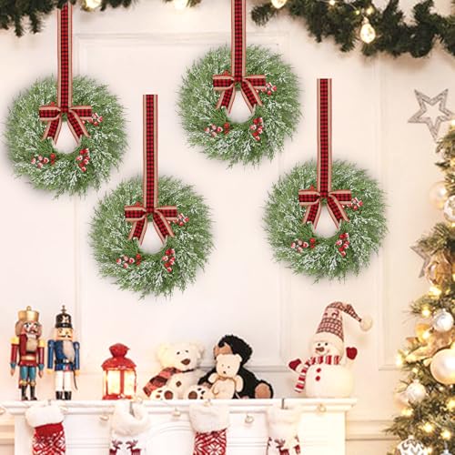 Image of 18 Pcs Small Christmas Wreath, Christmas Wreaths for Windows, Winter Mini Wreaths Christmas, Cabinet Wreaths for Kitchen Christmas, Window Decorations for Front Door Candle Rings Outdoor Indoor