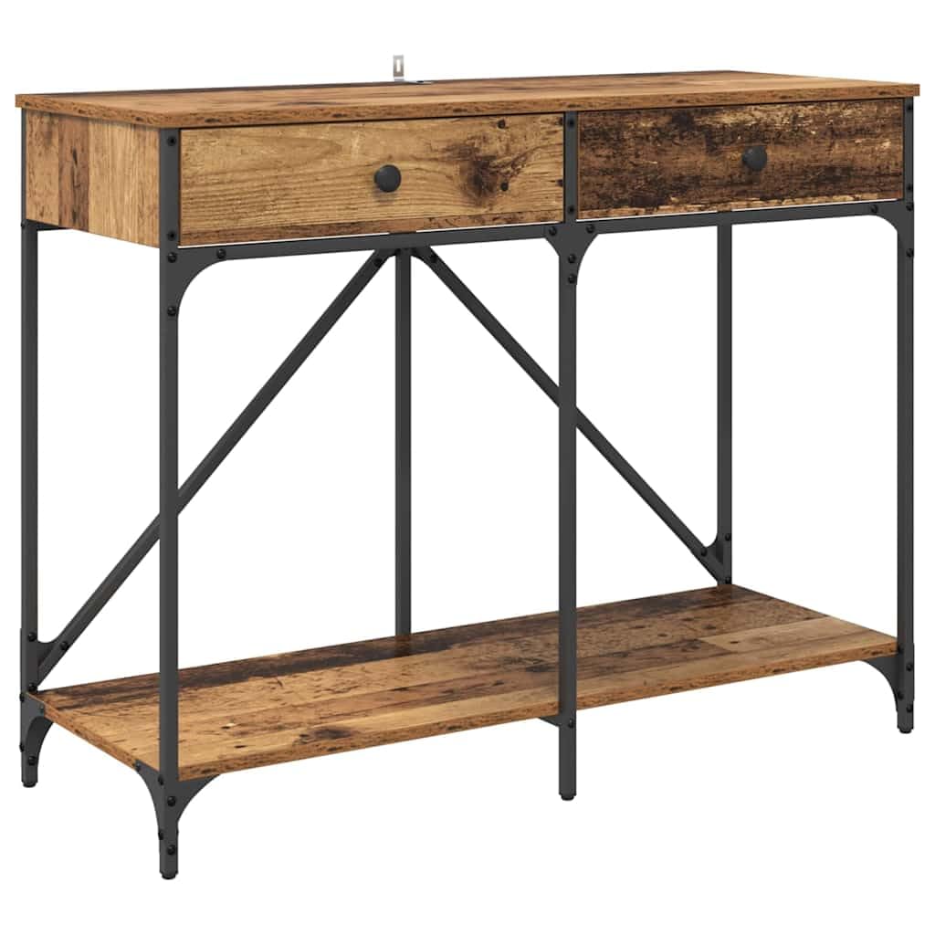 Consolle in legno anticato, 100 x 39 x 78,5 cm, con cassetto e scaffale, stabile struttura in metallo, tavolino rustico per corridoio, soggiorno, camera da letto, pratico