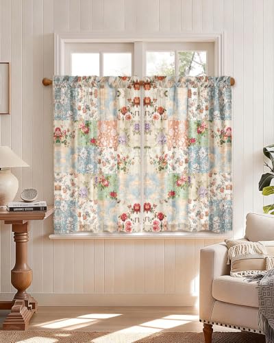 Image of Boho Kitchen Curtains - 36 Inch Length Linen Blend Vintage Floral Cafe Curtains Country Tier Curtain Short Drapes Rod Pocket for Bathroom Living Room Windows Light Filtering, 2 Panels
