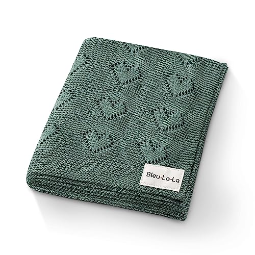 Image of 100% Cotton Gender Neutral Heart Knit Swaddle Baby Blanket for Girls and Boys - Soft Warm Cozy Swaddling Receiving Stroller Crib Blanket for Newborns Infants Toddlers (Hunter Green, 0-2 Years)