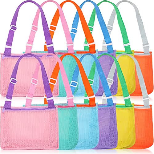 Image of 12 Pack Beach Toy Mesh Beach Bag Shell Collecting Bag Mesh Beach Tote Mesh Beach Toy Bag Sand Toy Bags with Zipper for Holding Shells Beach Sand Toys Swimming Accessories for Boys and Girls, 6 Colors