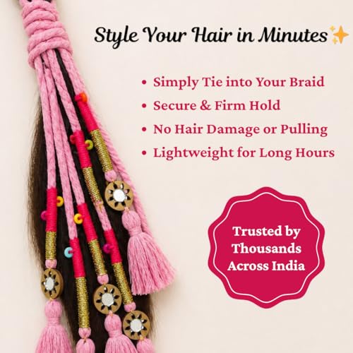 Image of Zippy Flora Neelima Parandi (Baby Pink) | Traditional Boho Handmade Paranda Hair Accessory with Braid Tassels | Women's Ethnic Hair Extension for Choti, Braids & Patiala Shahi Hairstyles