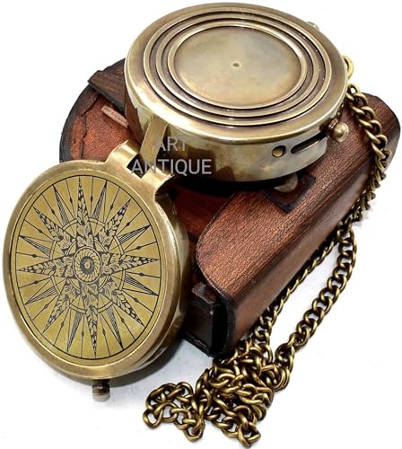 Brújula de Bolsillo Vintage de Latón con Estuche de Cuero, Brújula Náutica Antigua Grabada para Senderismo, Camping y Supervivencia, Brújula Marítima Coleccionable, Regalo Personalizado miniatura 2